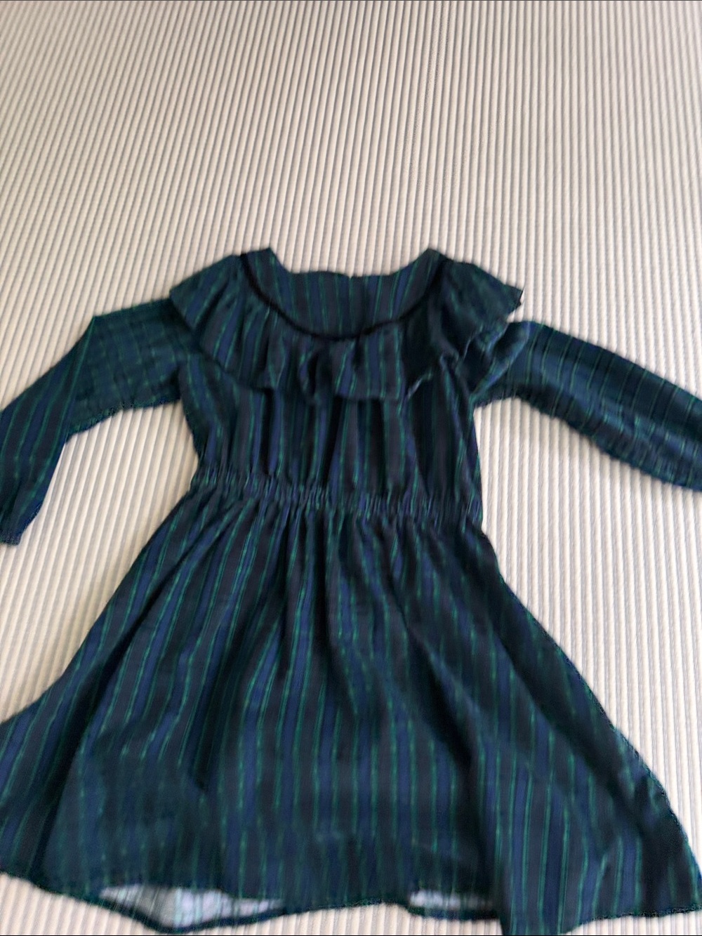 Crewcuts Dark Green and Blue Striped Ruffle Dress